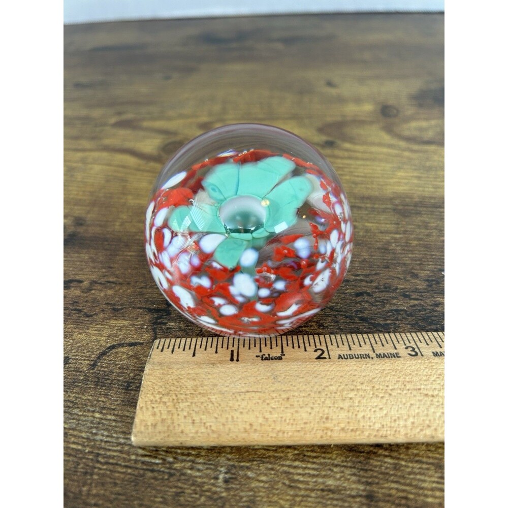 Vintage Art Glass Paperweight Floral Millefiori Red White Green Flower Orb Ball - Picture 10 of 10